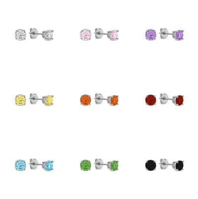New Bling 9SIL-SET0003 Zilveren Set 9 Paar Oorknopjes met Zirkonia 4mm - 9 Verschillende Kleuren - Rhodium - Zilver