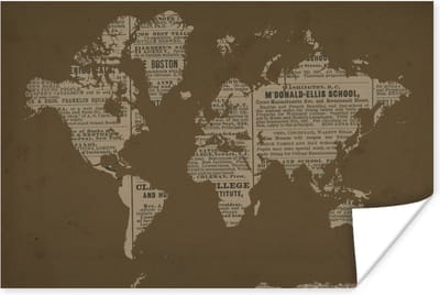 Poster 30x20 cm - Wereldkaart - Retro - Krant - Posters - Kamer decoratie - Wanddecoratie woonkamer - Muurdecoratie slaapkamer