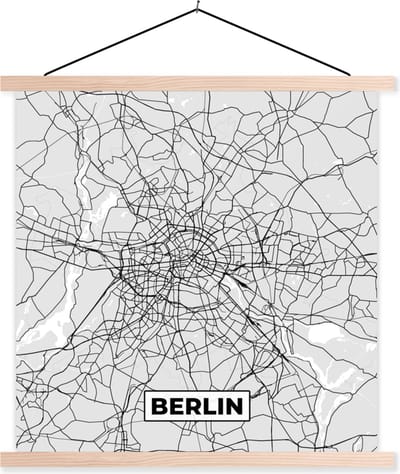 Posterhanger incl. Poster 40x40 cm - Schoolplaat - Berlin - Kaart - Duitsland - Plattegrond - Stadskaart - Textielposter - Blanke latten - Stadskaart