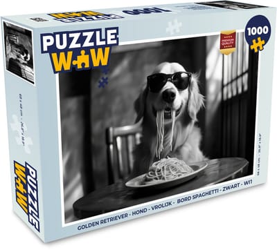 Puzzel Golden Retriever - Hond - Vrolijk - Bord spaghetti - Zwart - wit - Legpuzzel - Puzzel 1000 stukjes volwassenen