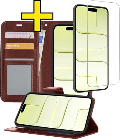 Hoesje - Met Screenprotector - Geschikt voor Apple iPhone Air - Luxe Pasjeshouder - Bookcase Portemonee - Flip Case - Kunstleer Book Case - Flipcase - Book Cover - Walletcase - Portemonneehoes - Telefoonhoesjes - Bruin