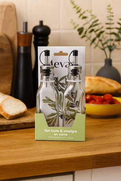 Mevaz Olie- en Azijnfles Set – 2-delig Glas | Antidrup RVS Schenktuit | 500 ml
