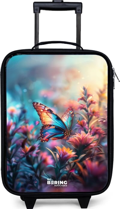 NoBoringSuitcases.com® - Kinderkoffer jongen - Kindertrolley meisje - Vlinder flowers - Koffer kind lichtgewicht - Reiskoffer trolley voor kinderen - Koffertje met lichtgevende wieltjes - Rolkoffer zwart