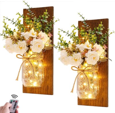 Mason Jar Wandlamp - Batterij LED Wanddecoratie met Afstandsbediening - Plafond & Muur Licht voor Huis Bruine pioenroos(Een groep) - Houten Sconce van Paulownia Hout, 0,7 kg