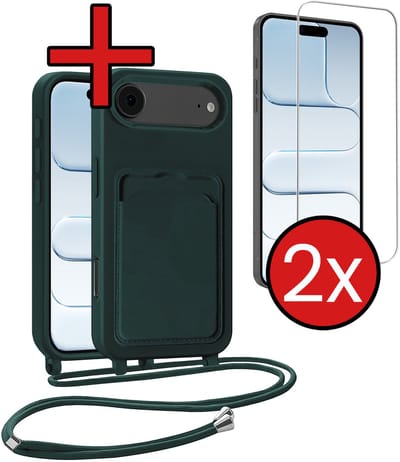 Hoesje Geschikt voor iPhone Air Hoesje Met Telefoonkoord en Pasjeshouder Met 2x Screenprotector Siliconen - Hoes Geschikt voor iPhone Air Hoesje Met Kaarthouder Case - Donkergroen