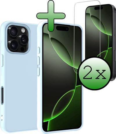 Hoesje Met 2x Screenprotector - Geschikt voor Apple iPhone 16 Pro - Sterk & Shockproof - Back Cover - Siliconen Case - Telefoon Hoes - Lichtblauw