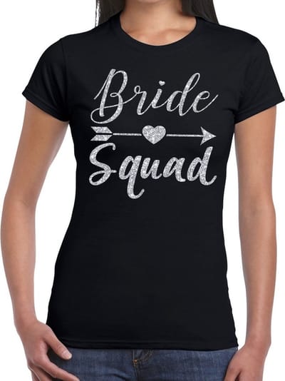 Bride Squad Cupido zilver glitter tekst t-shirt zwart dames - dames shirt Bride Squad- Vrijgezellenfeest kleding XS