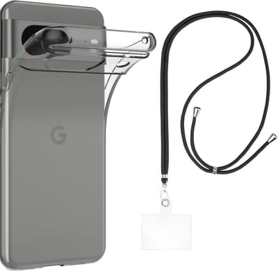 Set met hoesje en nekband voor google pixel 8a - Flexibele, transparante TPU-bescherming, verstelbare universele nekband voor mobiele telefoons, zwarte nekband, transparante draagriem van Phonillico®