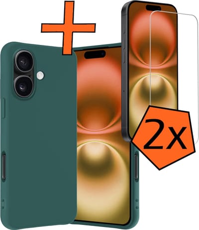 Hoes - Met 2x Screenprotector - Geschikt voor Apple iPhone 16 - Sterk & Shockproof - Back Cover - Siliconen Case - Telefoon Hoes - Donkergroen