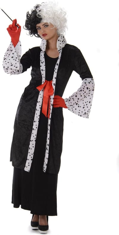 Karnival Costumes Cruella Boze Vrouw Dalmatiers Halloween Kostuum Dames Halloween Kostuum Volwassenen Carnavalskleding Dames Carnaval - Polyester - Zwart/Wit - Maat M - 3-Delig Jas/Handschoenen/Pruik
