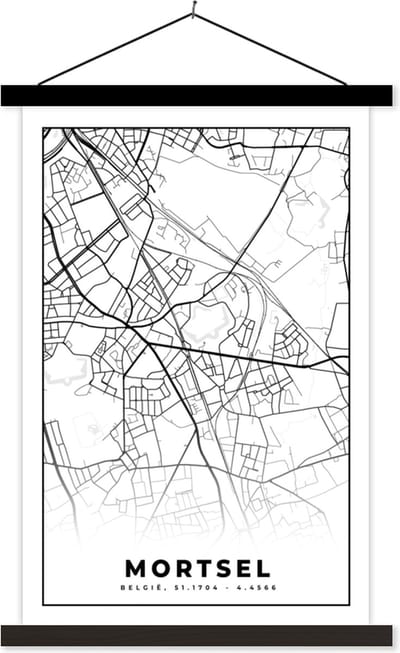 Posterhanger incl. Poster 40x60 cm - Schoolplaat - Zwart Wit – België – Plattegrond – Stadskaart – Kaart – Mortsel - Textielposter - Zwarte latten - Stadskaart