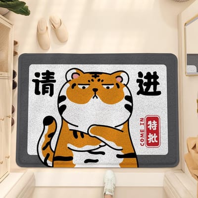 Cartoon Kat Zijde Cirkel PVC Huis Vloermat Entree Deur Vuilafstotend Antislip Mat Stofverwijdering Voetmat Entree Deurmat 45*75cm black