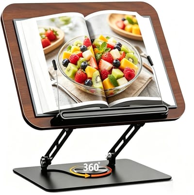 Dailygoods- Boekstandaard Verstelbaar - Houten Boekenstandaard - 360° Draaibare Basis - Aluminium Frame - Stabiele Steun voor Kookboeken - Krasbestendig en Vochtbestendig - Boekensteun