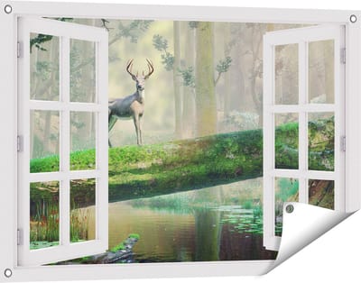 Gards Tuinposter Doorkijk Hert in het Bos op een Boom - 90x60 cm - Tuindoek - Tuindecoratie - Wanddecoratie buiten - Tuinschilderij