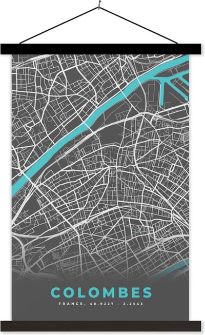 Posterhanger incl. Poster 40x60 cm - Schoolplaat - Colombes - Kaart - Stadskaart - Plattegrond - Frankrijk - Textielposter - Zwarte latten - Stadskaart