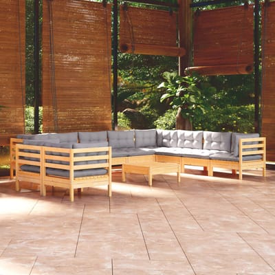 vidaXL - 11-delige - Loungeset - met - grijze - kussens - massief - grenenhout