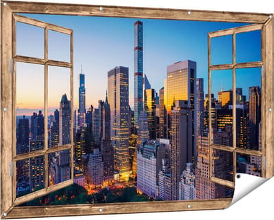 Gards Tuinposter Doorkijk New York bij Zonsopgang - 150x100 cm - Tuindoek - Tuindecoratie - Wanddecoratie buiten - Tuinschilderij