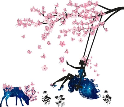Muurstickers - Boom, vlinders en schommel - Transparante achtergrond - 100x150cm