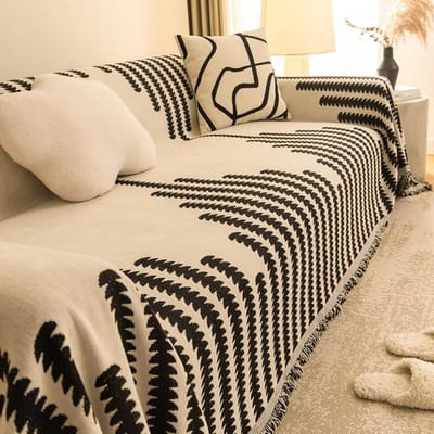 Plaid de canapé en chenille style nordique, couvertures universelles à pompons pour salon, protège-canapé quatre saisons 180x180cm L beige
