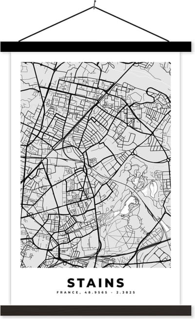 Posterhanger incl. Poster 40x60 cm - Schoolplaat - Frankrijk – Plattegrond – Kaart – Stains – Stadskaart - Textielposter - Zwarte latten - Stadskaart