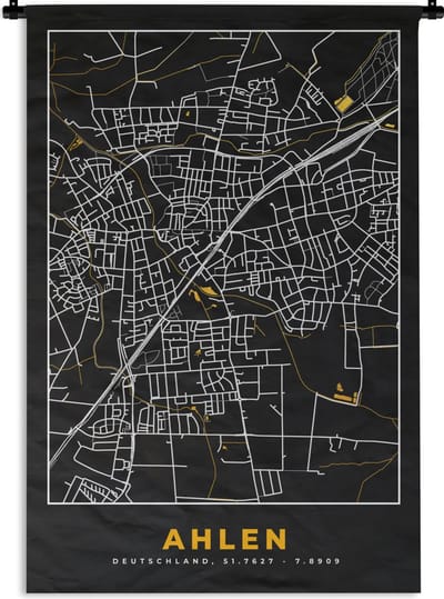 Wandkleed - Wanddoek - Duitsland – Black and Gold – Ahlen – Stadskaart – Kaart – Plattegrond - 120x180 cm - Wandtapijt