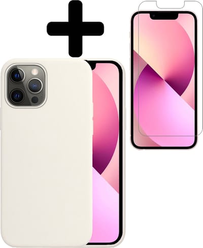Hoesje - Met Screenprotector - Geschikt voor Apple iPhone 14 Pro Max - Sterk & Shockproof - Back Cover - Siliconen Case - Telefoon Hoes - Telefoonhoesjes - Wit