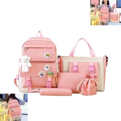 KZQ Leuke rugzakset met 5 stuks canvas schoudertas etui en koerierstas grote capaciteit met berenhanger en badges roze voor meisjes dames en heren school en dagelijks gebruik