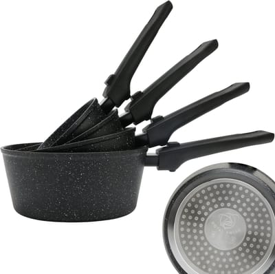 Royal Swiss ® Pannenset - 8-delig - Sauspan - Afneembare handgreep - Inductie - 14,16,18 en 20 cm - Steelpannen - Antiaanbaklaag - Zwart