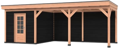 Douglas overkapping, 750 x 250, Met achterwand en schuur, Westwood Comfort Basic zwart