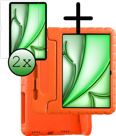Hoesje Geschikt voor Apple iPad Air 6 (2024) - 11 inch - 6e Generatie - M2 - Met 2x Screenprotector - Kinderhoes Shockproof Bumper - Kidsproof Case - Tablet Hoes - Kinder Hoes Cover - Oranje