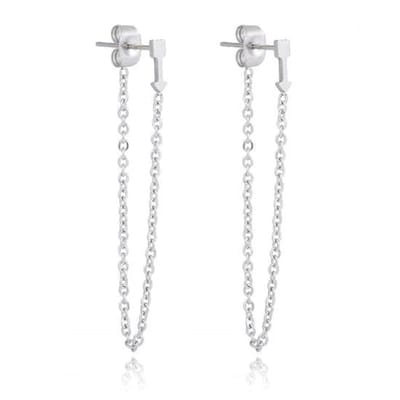 Aramat Jewels | Oorbellen | Stijlvolle Stalen oorbellen met kettinkje | Zilverkleurig / Pijltje-8x2mm | | | | Kinderen, Volwassenen | Verkleurd niet