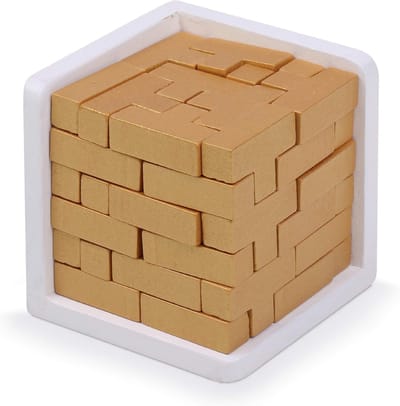Houten Puzzeldoos - Hersenkraker Kubus - Logisch Denken - 54 Delen - 7x7cm - Goud