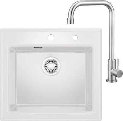 CECIPA Max Spoelbak Met Kraangat 55x50CM - Keramische Spoelbak Keuken - Spoelbakken Keuken Met Koudwaterkraan Keuken - Wasbak Keuken - Wit