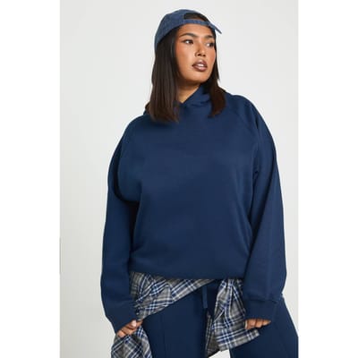 boohoo Dames Plus Core Basic Raglan Naad Oversized Hoodie | Marineblauw | Maat: 44