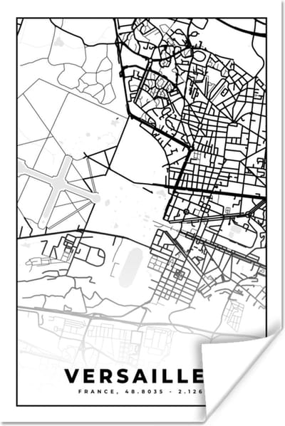 Poster Kaart - Stadskaart - Versailles - Frankrijk - Plattegrond - Zwart wit - 120x180 cm XXL