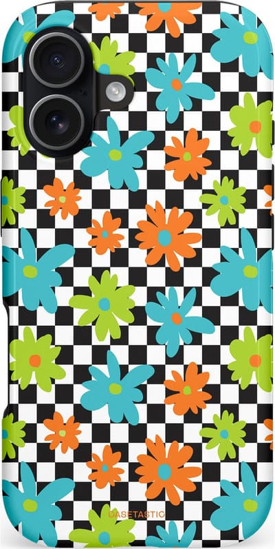 Casetastic hoesje geschikt voor Apple iPhone 17 - MagSafe - Dubbellaagse bescherming - Retro Bloem Power - Fashion Case - Zwart Turquoise Grijs Wit