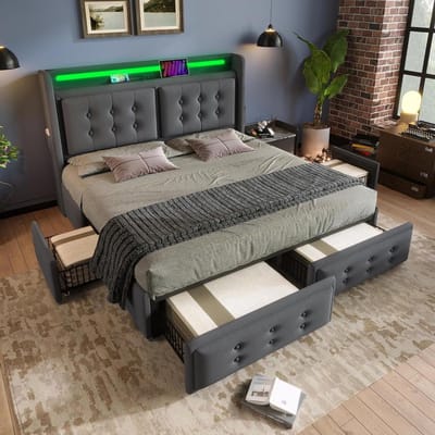 Gestoffeerd Bed - Comfortabel Bed - Slaapkamer Organisatie - Met Opbergruimte - 160x200 cm - Grijs