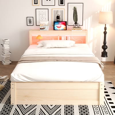 HAUSS SPOLE Slaapbank 90x200 cm - Met Stopcontact, Ledverlichting en Opbergruimte - Zonder Matras - Hout en MDF - Houtkleur
