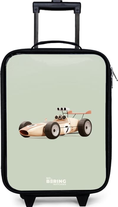 NoBoringSuitcases.com® - Kinderkoffer jongen - Kindertrolley meisje - Beige retro raceauto op groen achtergrond - Koffer kind lichtgewicht - Reiskoffer trolley voor kinderen - Koffertje met lichtgevende wieltjes - Rolkoffer zwart