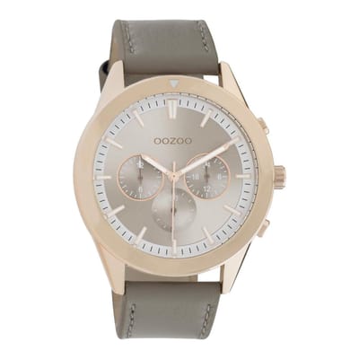 OOZOO Timepieces - rosé goudkleurige horloge met taupe leren band - C10802 - Ø45