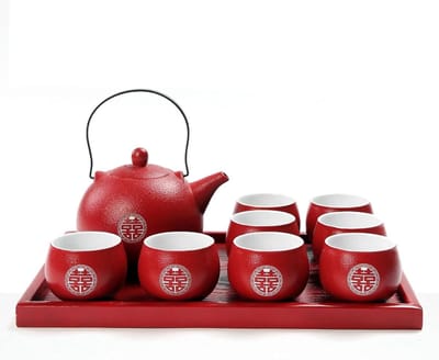 Porseleinen Theeservies - Theeset Keramiek - Afternoon Tea - Handgemaakt Decoratief - 770 ml Theepot - Rood