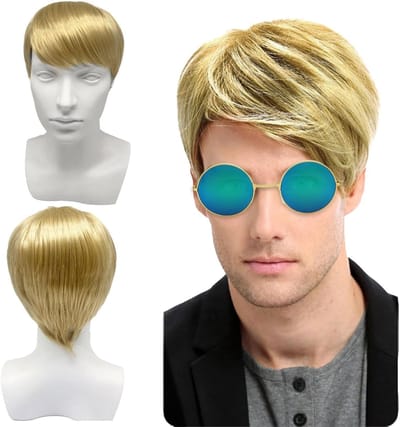 Korte blonde herenperruik, natuurlijk gelaagd synthetisch haar voor cosplay, themafeesten en retro kostuums, perfect voor de jaren 60, 70 en 80