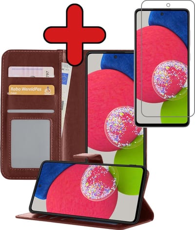 Hoesje - Met Screenprotector - Geschikt voor Samsung Galaxy A52s 5G - Luxe Pasjeshouder - Flipcase - Bookcase Portemonee - Flip Case - Kunstleer Book Case - Book Cover - Walletcase - Portemonneehoes - Telefoonhoes - Bruin