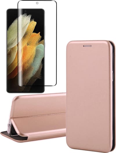 Hoesje geschikt voor Samsung Galaxy S21 Ultra - Screen Protector GlassGuard - Book Case Kunstleer ThinShield Roségoud & Screenprotector