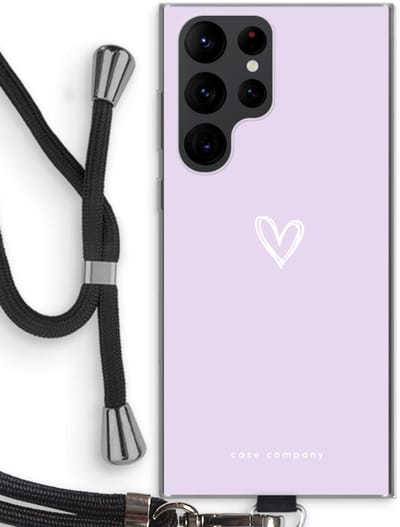Case Company® - Hoesje met koord geschikt voor Samsung Galaxy S22 Ultra hoesje met Koord - Klein hartje paars - Telefoonhoesje met Zwart Koord - Bescherming aan alle Kanten en Over de Schermrand