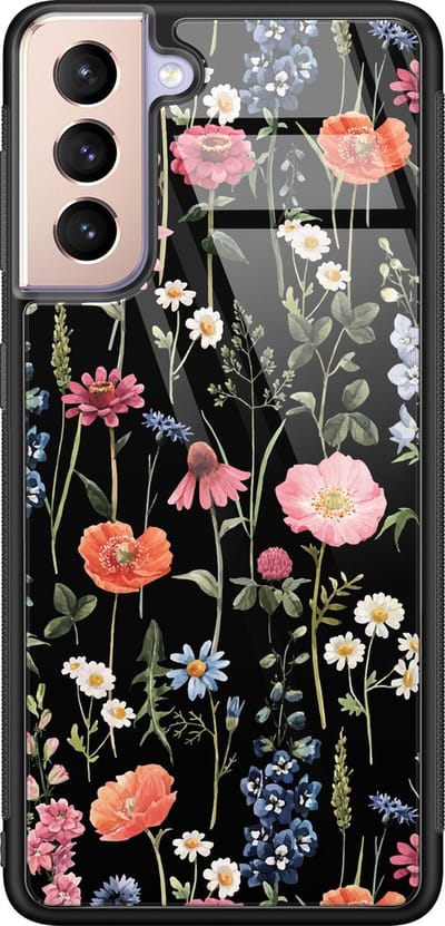 Hoesje geschikt voor Samsung Galaxy S21 - Dark flowers - Luxe Glazen Hardcase - Bloemen - Multi