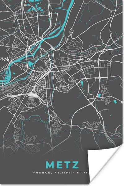 Poster Metz - Frankrijk - Plattegrond - Kaart - Stadskaart - 120x180 cm XXL