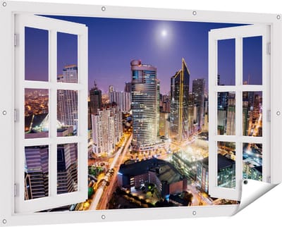 Gards Tuinposter Doorkijk Makati Stad Skyline in de Nacht in Thailand - 150x100 cm - Tuindoek - Tuindecoratie - Wanddecoratie buiten - Tuinschilderij