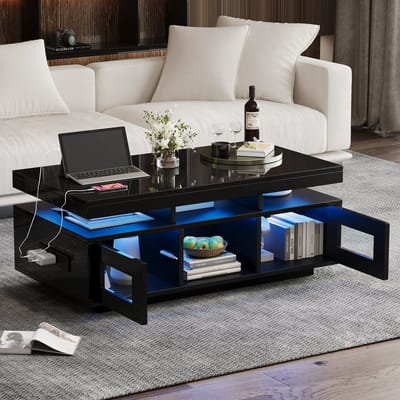 Zwart koffietafel van 100x50x43 cm - met LED-licht - met opbergkast - salontafel met oplaadpoort en stopcontact