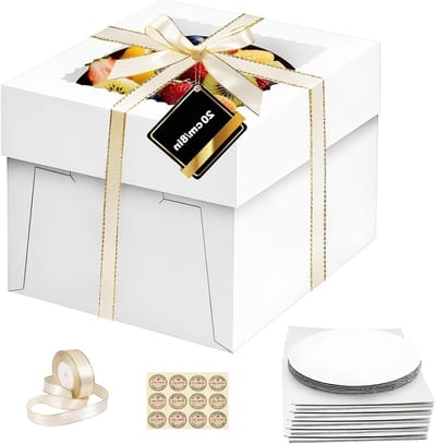 5 sets transportdozen voor taarten met kijkvenster 20 × 20 × 20 cm, inclusief 5 taartplaten, lint en stickers voor taarten tot 20 cm diameter, ideaal voor feestjes en evenementen